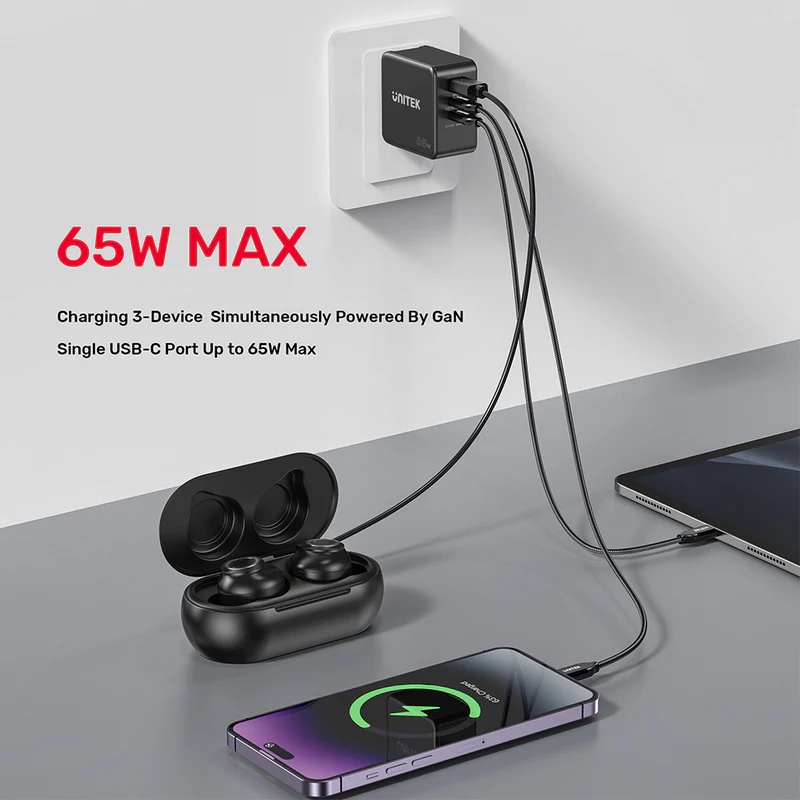 UNITEK 65W GAN POWER DELIVERY FAST TRAVEL CHARGER (P1117B)