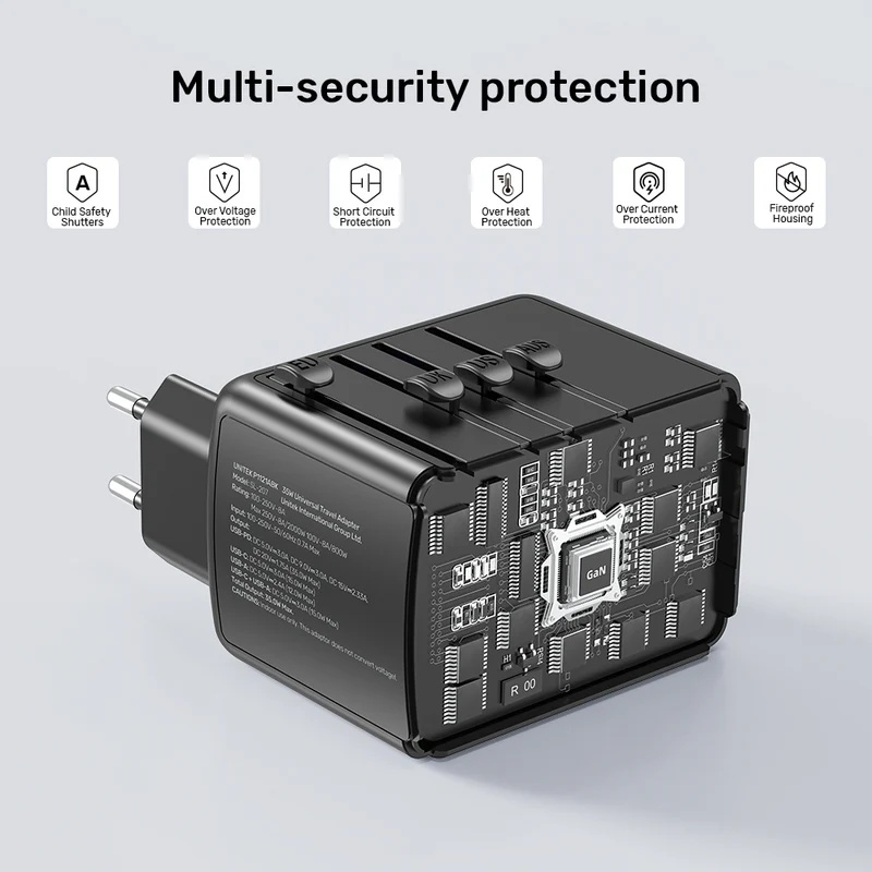 UniTek 35W Universal Travel Adapter with 2 USB-C PD &amp; 3 USB- A Charging Ports ( P1121ABK01)