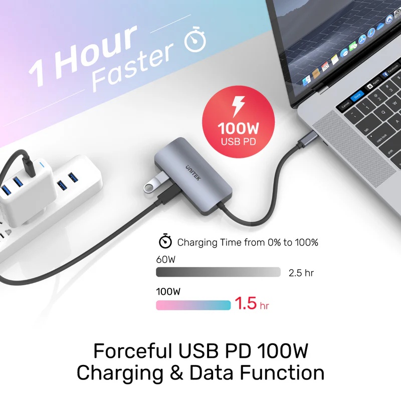 Unitek uHUB P5 Trio 5-in-1USB-C Hub USB -C MST Hub to 2-Port HDMI, VGA USB-A Gbps and PD 100W (D1051A)